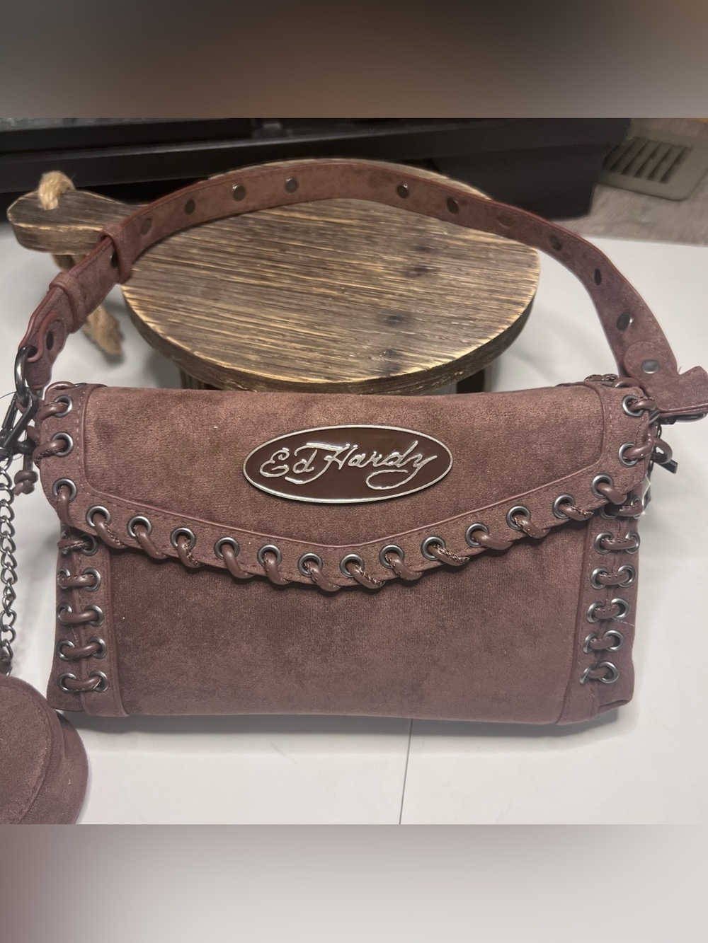 Ed Hardy Chocolate Brown Suede Shoulder Bag with Braided Trim